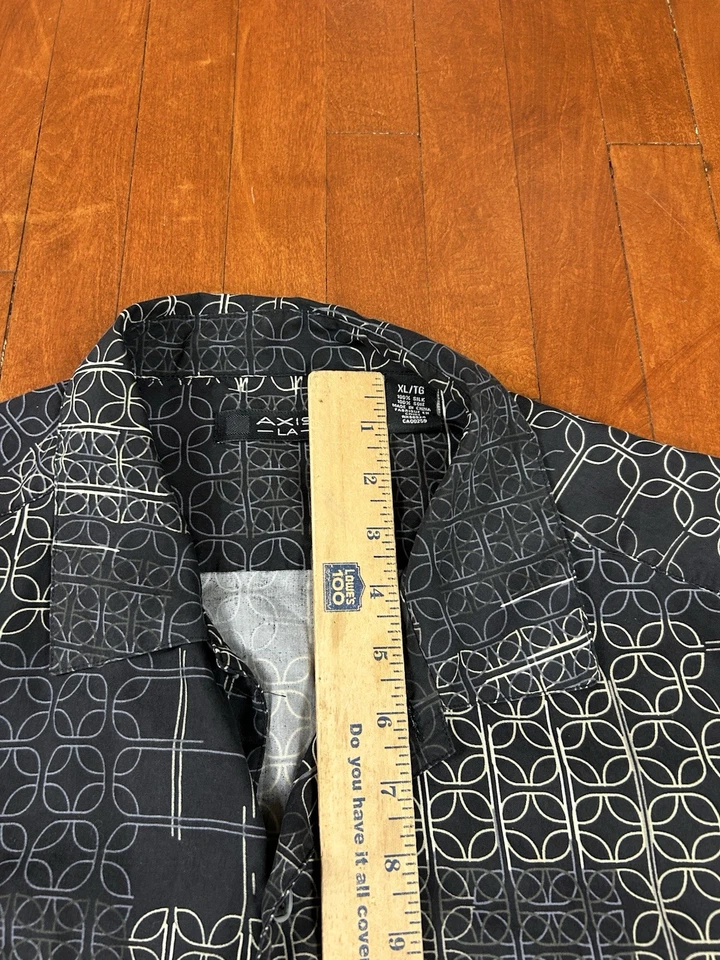 复古 Axis LA 短袖纽扣丝绸衬衫黑色印花男式 XL — 第 2/4 张图片