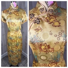 Vintage Cheongsam Dress Gold Satin Brocade Qipao Floral Deadstock S/M