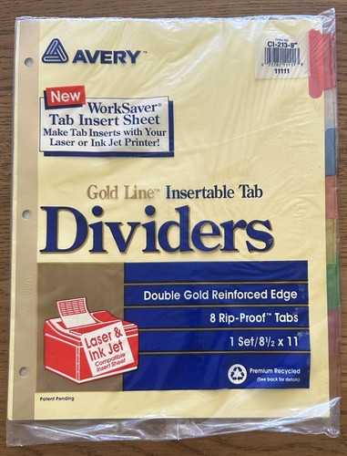 Avery Workplace Gold Line Reinforced Insertable Colored Tab Indexes C1-213-8 NEW