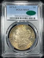 1879-S PCGS MS65 CAC Morgan Silver $1 - Lovely Double Sided Rainbow Toning!