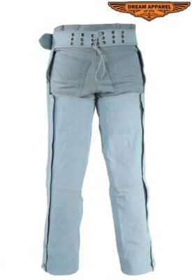 Premium Blue Denim Leather Men's Biker Chap Lacing in Back For Greater Fit