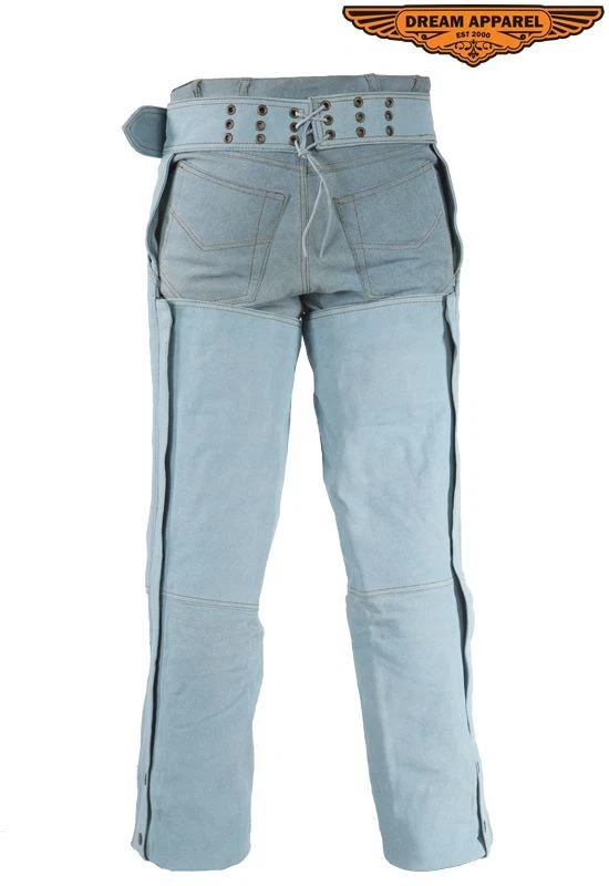 Blue Denim Leather Men's Motorcycle Biker Chap W/ Lacing in Back For Greater Fit Foto 3 de 4