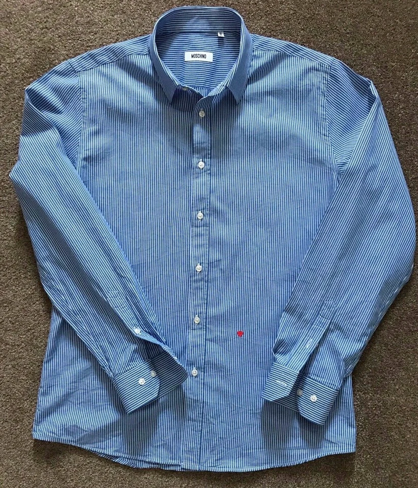 GORGEOUS MOSCHINO BLUE BENGAL STRIPE HEART SHIRT 16 COLLAR EU 41  - Image 3 of 4