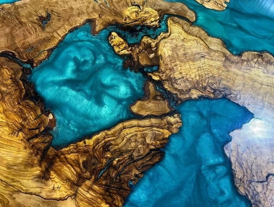 Ocean Epoxy Resin Round Dining Table - Burl Maple & Blue River Epoxy Desk - Image 4 of 4