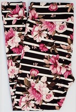 OS LuLaRoe One Size Leggings Cute Roses with White Stripes on Black NWT X18