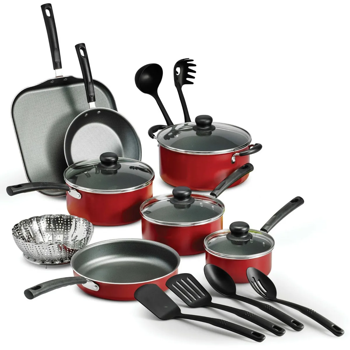 18 Piece Pots And Pans With Clear Lid Non Stick Kitchen Cookware Cooking  Set Red