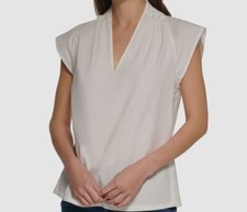 59 DKNY Women's White V-Neck Sleeveless Blouse Top Size S