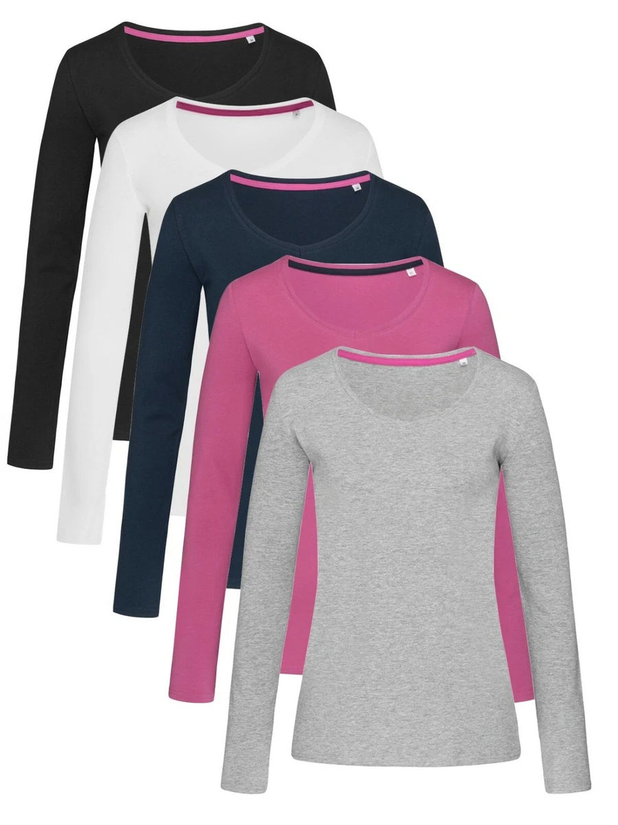 Ladies Womens Womans Plain Cotton Elastane Long Sleeve Vee V Neck