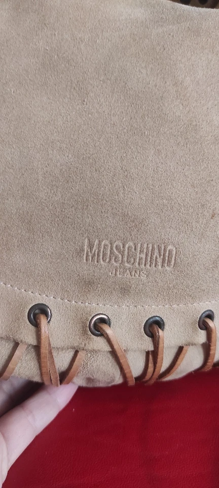 Bolso de Hombro Moschino Jeans Gamuza Cuero Flecos Hobo Tostado Beige Hecho en Italia Foto 4 de 4