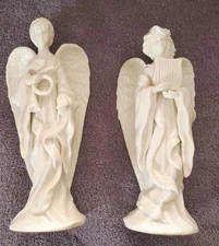Lot of 2 White 10" Candlestick Candle Holders Angels with Harp & French Horn