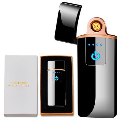 Electronic Lighter Windproof USB Rechargeable Slim Coil Fingerprint Black