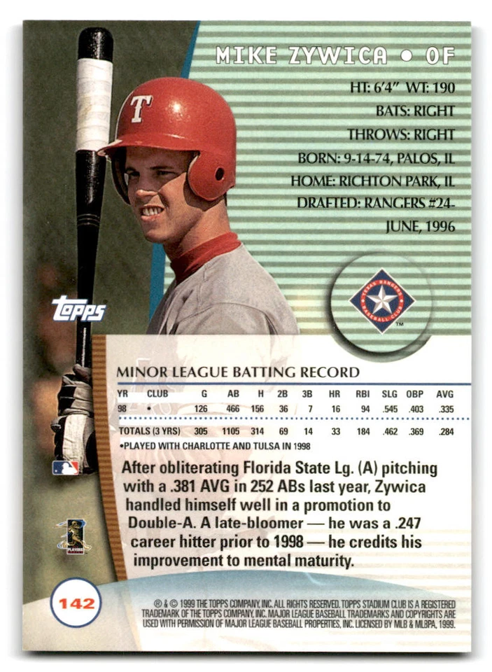 1999 Stadium Club #142 Mike Zywica Rookie Texas Rangers - Image 2 of 2