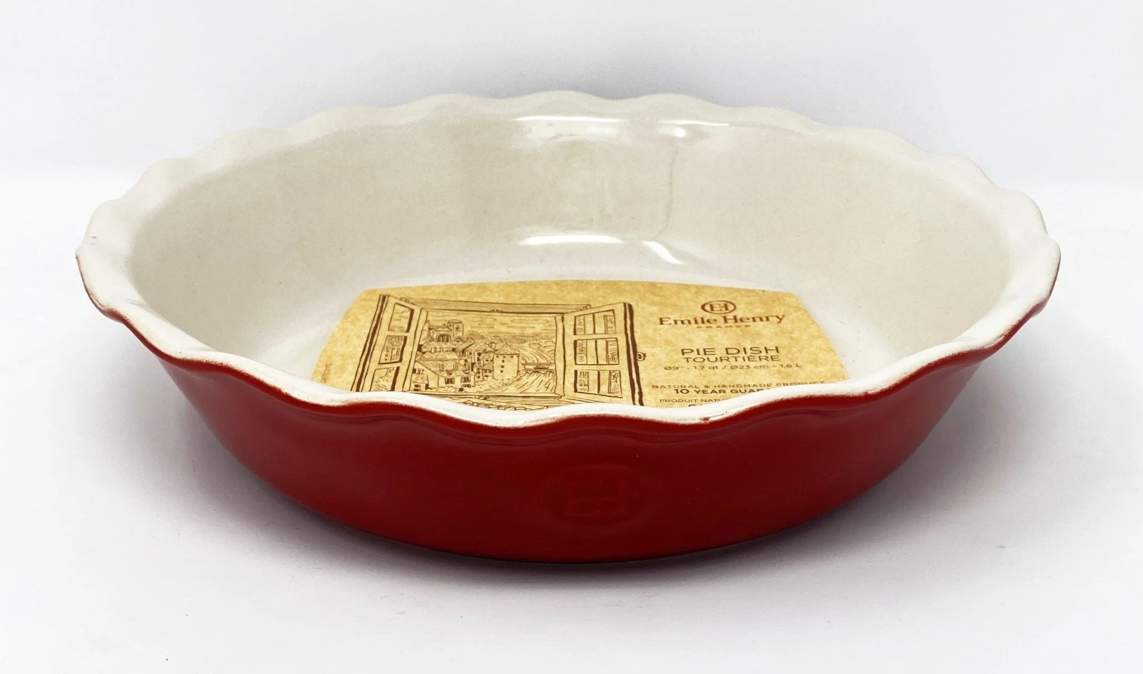 NWT Emile Henry Red Ceramic Pie Plate Baker 10.” Scalloped Edge France 61.21