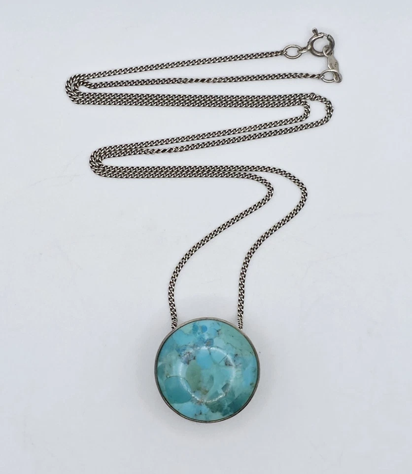 Vintage Double Sided Turquoise Calsilica Sterling Silver Pendant Necklace Native - Image 4 of 4
