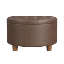 Brown Faux Leather Round Storage Ottoman with Lift Off Top and Tufted Lid