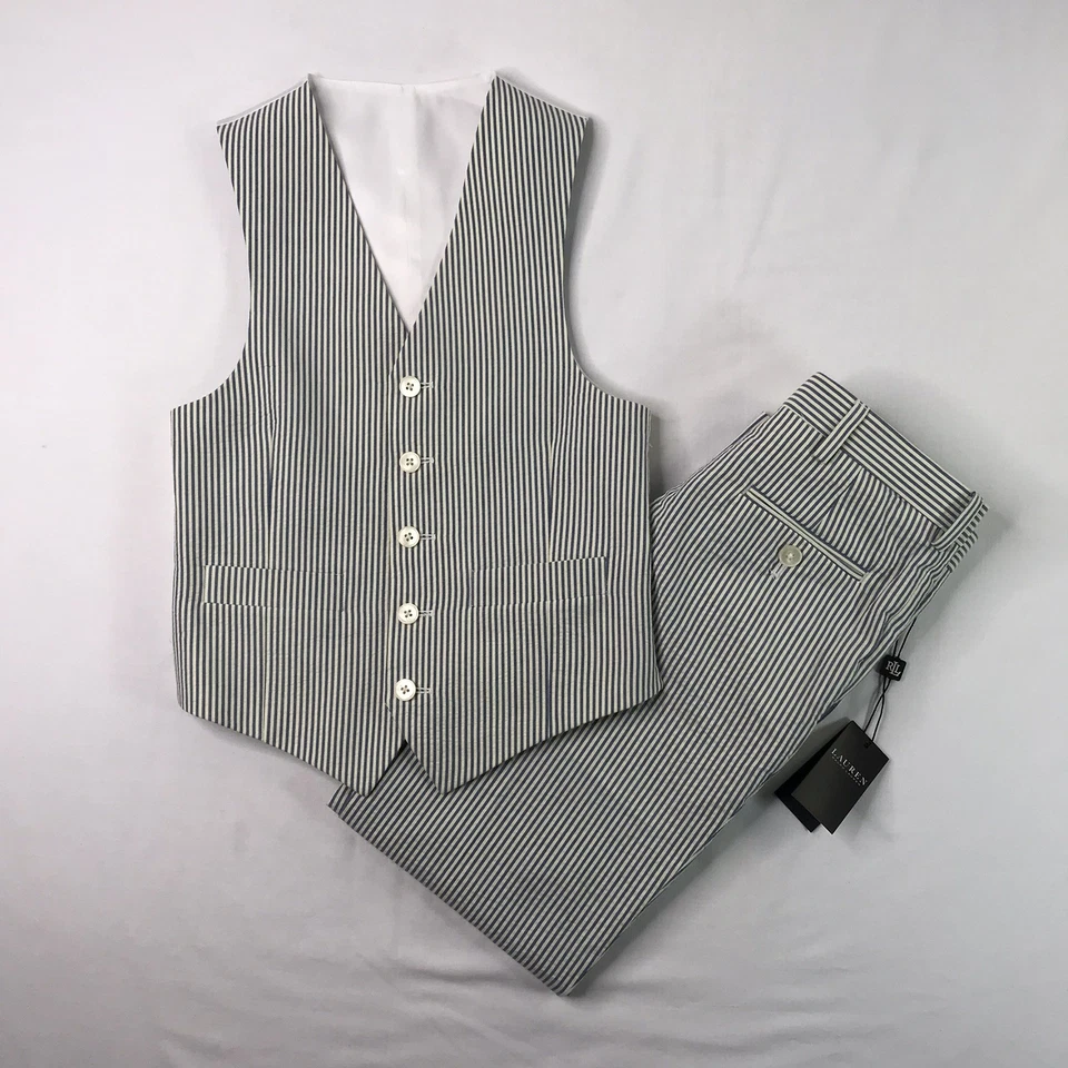 (NEW) Ralph Lauren Two-Piece Suit Seersucker Vest Pants Set Boys Size 10 / 25"W - Image 2 of 4