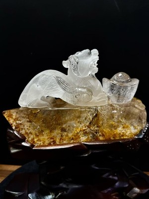 5.5LB TOP Natural Yellow Gum Flower Quartz Hand Carved Pixiu Crystal+Stand Reiki