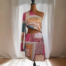 Sky To Moon Mini Dress Size L Colorful Paisley One Sleeve Cut Out Satin Ruched