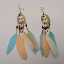 Handmade Boho Feather Chandelier Earrings Beaded Pierced Multi Color 5.5" NEW