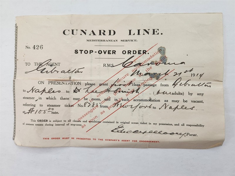 1914 antique CUNARD LINE STOP-OVER ORDER Gibraltar Naples L PARISH mediterranean