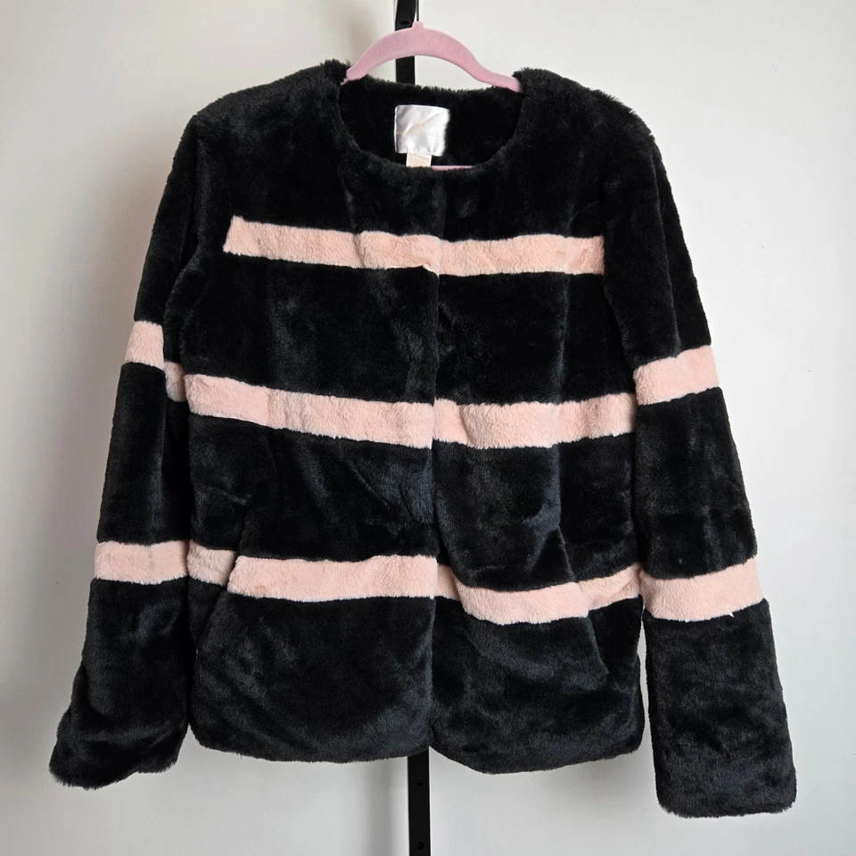 Rachel Parcell Black Pink Stripe Faux Fur Teddy Jacket Coat Black Pink Medium - Image 2 of 4