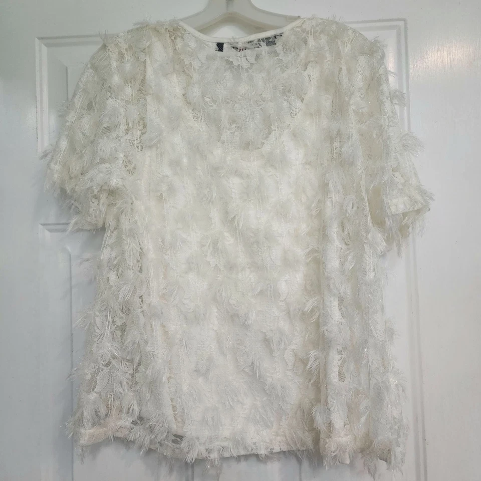 Blusa Colleen Lopez Mujer Talla L Pluma Encaje Blanco Adornado Top Camisa Encaje Foto 2 de 4