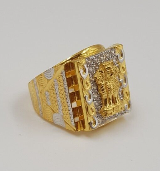 Gold 22K Men Ring Ashoka Mudra Indian Ring CZ Real Gold Jewelry Vintage  Style