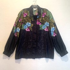 Brownstone Studio Womens Blouse 18 Vintage Hong Kong Silky Black Floral Button