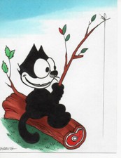 Escena de tronco de pesca Félix El Gato ARTE TINTA ORIGINAL dibujo madera parroquia camping