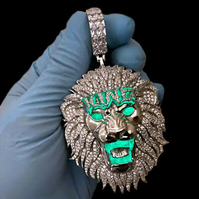 Big Lion Head Pendant 925 Sterling Silver Green Glows In Dark King