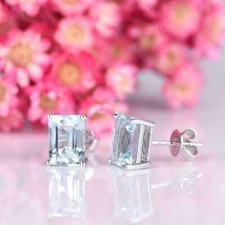 2CT Emerald Cut Lab Created Aquamarine Solitaire Earring 14K White Gold Plated