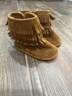 Girls Size Infant 9-12m First Steps Brown Fringe Boots Good Used