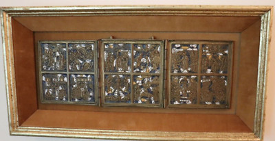 RUSSIAN ENAMELED BRONZE ICONS FOLDING TRIPTYCH WALL HANGING 8'' X 15.5''