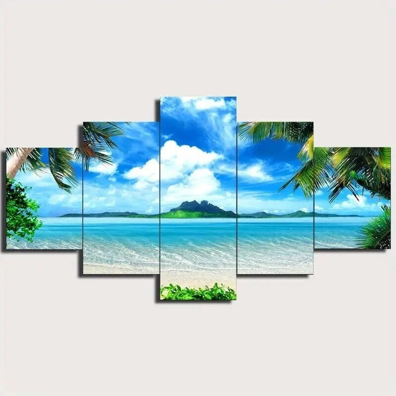 Blue Ocean Sea Island Palm Tree Scenery Canvas Prints Painting Wall Art Decor 5P - Image 4 of 4