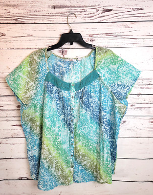 Fred David Blue Speck Button Front Pleated Crinkle Short Sleeve Top Womens Sz 3X