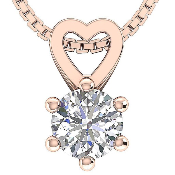 Heart Pendant Necklace I2 I 1.25 Ct Solitaire Round Diamond 6 Prong Set 14K Gold