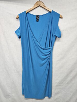 Clara Sun Woo Dress Size S Teal Cold Shoulder Faux Wrap Womens