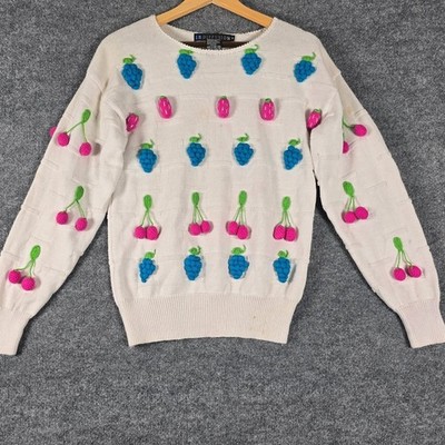 VTG I.B Diffusion White Fruit Applique Knit Sweater Grapes Cherries Size S