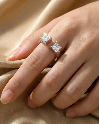 Open Cuff Two Stone Sterling Silver Moissanite Princess Cut Women's Wedding Ring