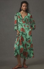 Anthropologie Odetta Ruffled V-Neck Maxi Dress S Green Floral Boho