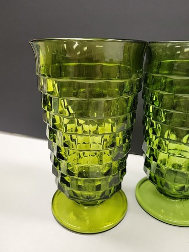 6 Vtg Indiana Whitehall Colony Cubist Footed Avocado Green Glass 16 OZ Excellent - Picture 7 of 7