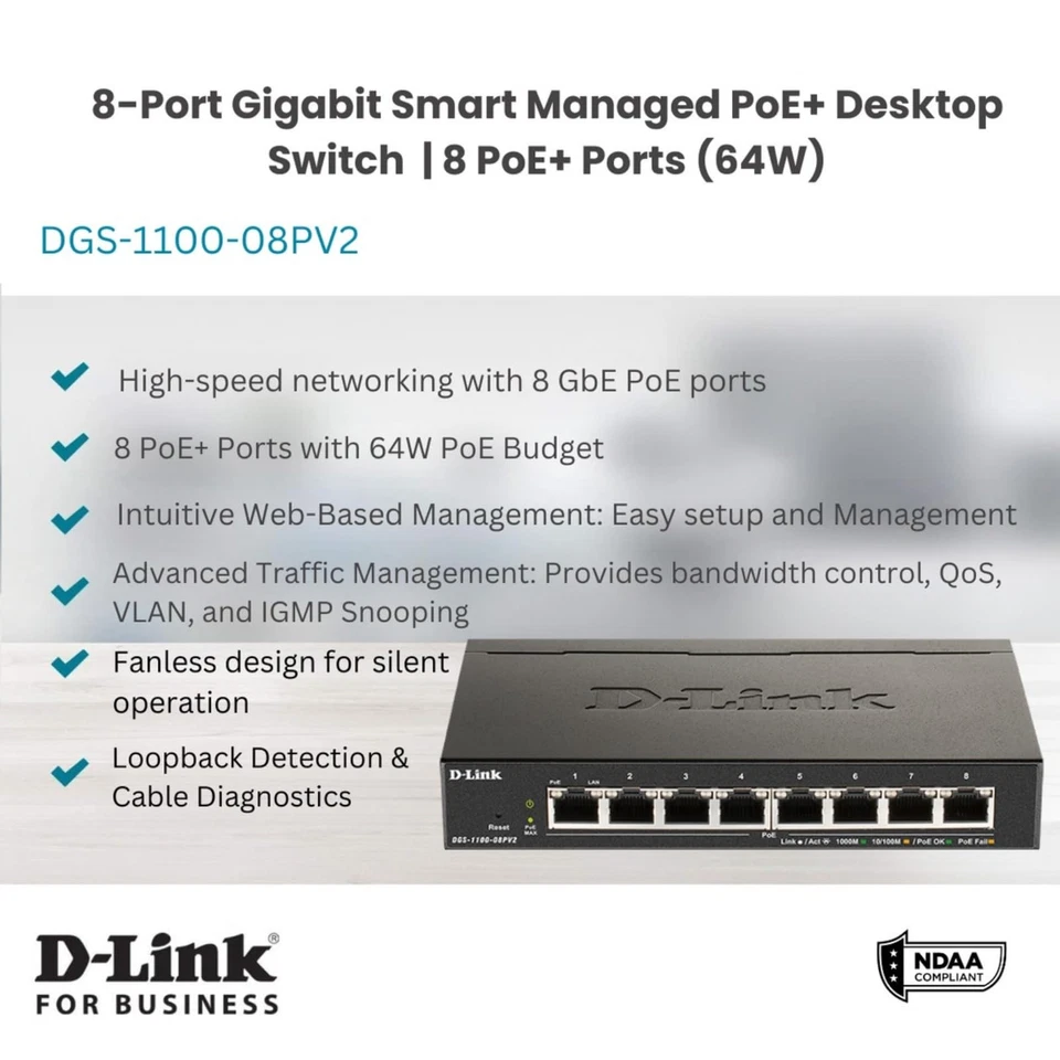 D-Link 8 Port Gigabit PoE Switch DGS-1100-08PV2 Managed Energy Efficient - Image 2 of 4