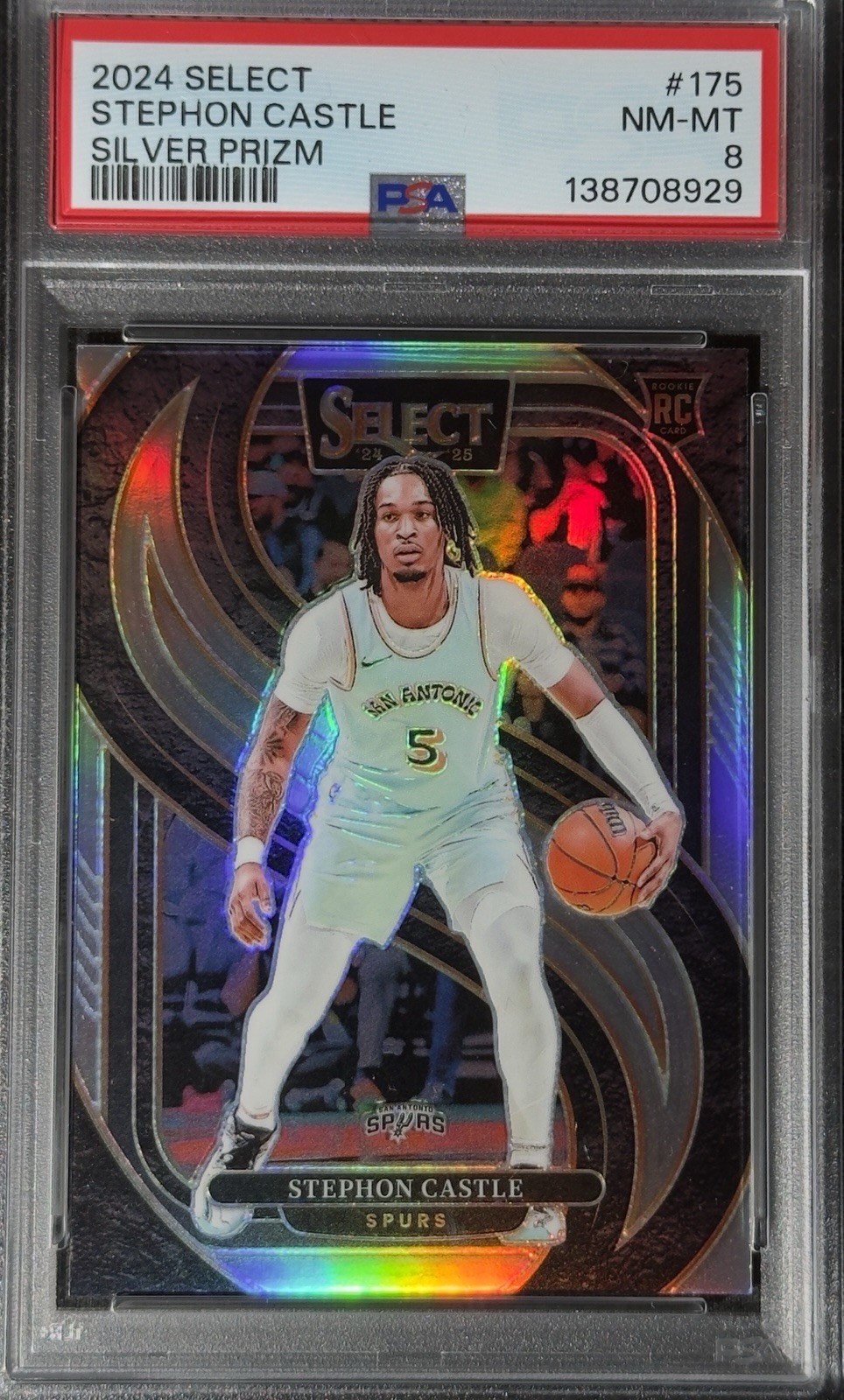 PSA 8 2024 Select Premier Level Silver Rookie Stephon Castle #175 SA Spurs