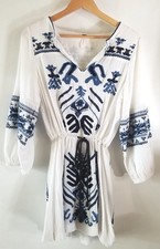 Free People Tunic Shirt/Dress White Cotton Blue Embroidery Small Boho Cottage