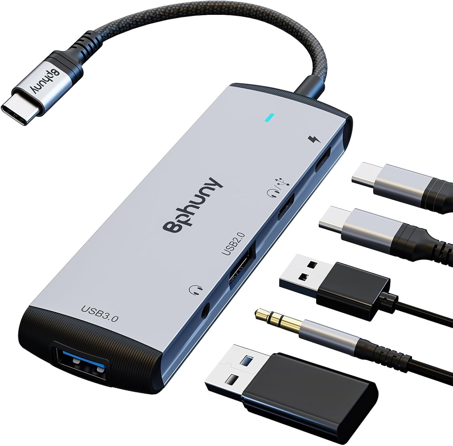 USB C Aux Adapter 5 in 1 Type C Hub 3.5mm Jack USB 3.0 60W PD Charging Grey