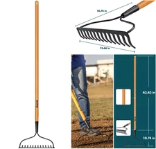 Garden 14 Tines Coated Bow Rake Carbon Steel, Long Wood Handle Varnished 47 in L