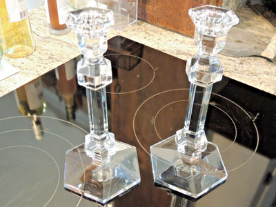 Pair Val Saint Lambert 9 3/8'' Crystal Candlesticks - Belgium - 6 Sided Pillars