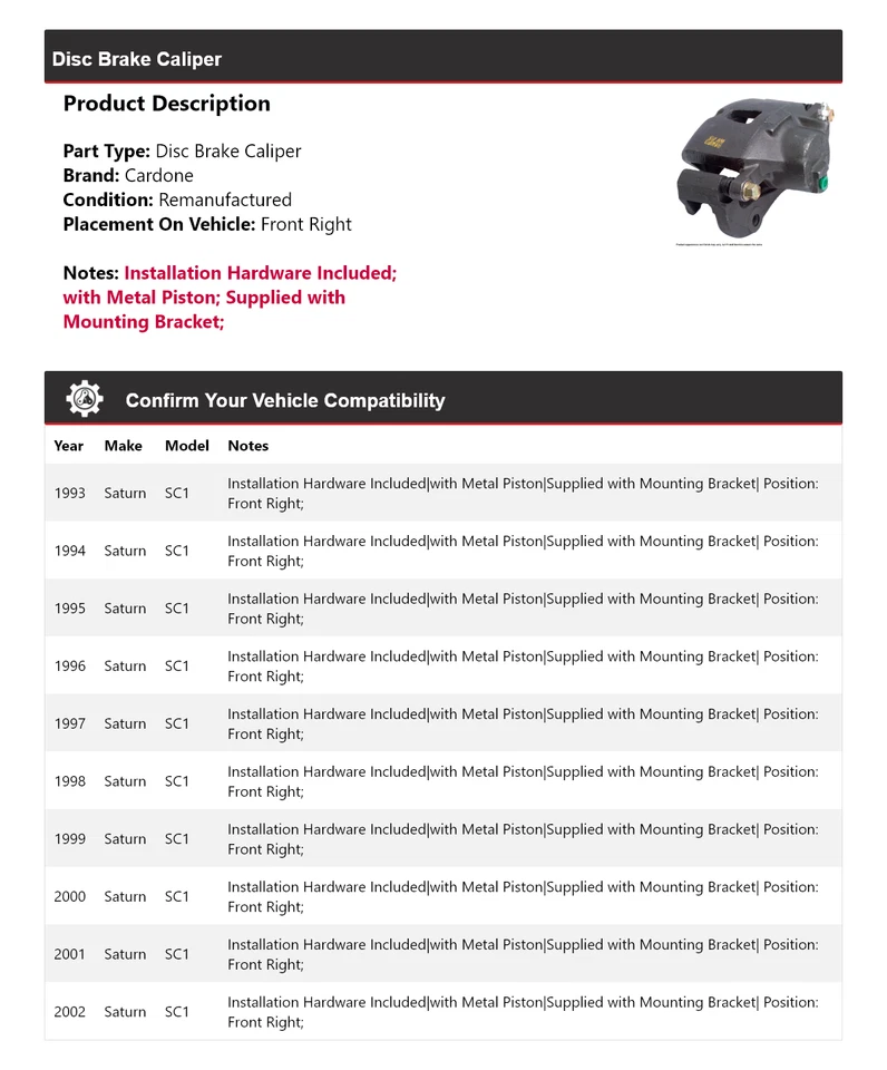Pinza de freno de disco delantera derecha Cardone 1994 1995 1996 Saturn SC1 1993-2002 Foto 2 de 4