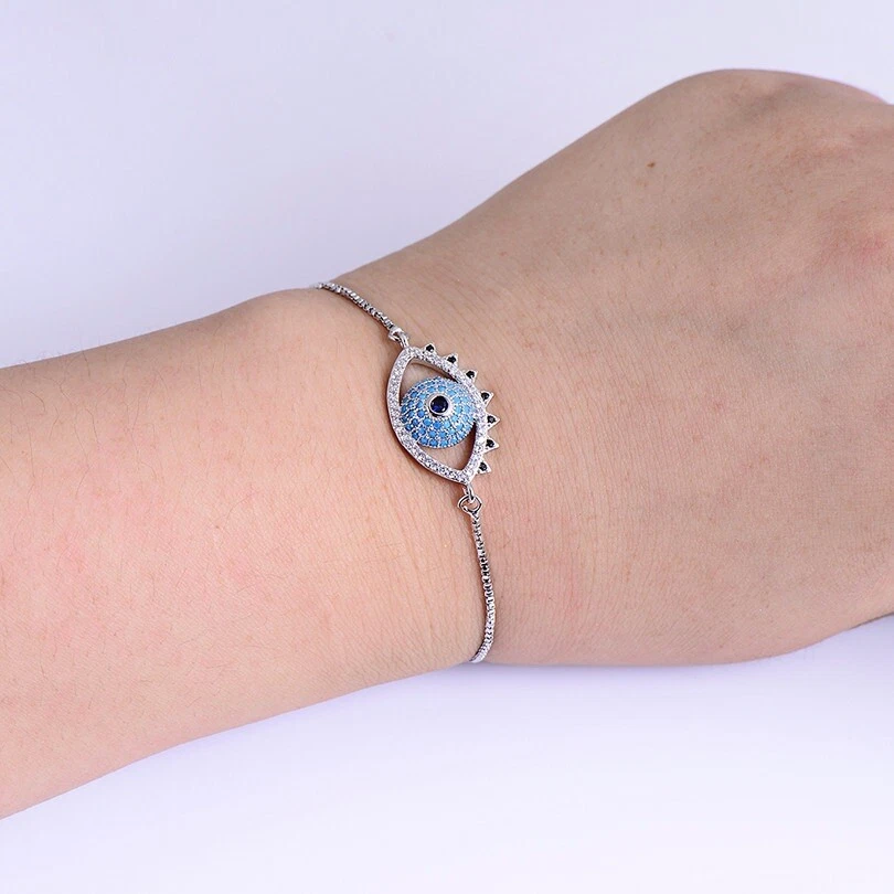 Evil Eye Cute Rose Gold Sparkly Blue Cubic Zirconia Thin Adjustable Bracelet - Image 2 of 2