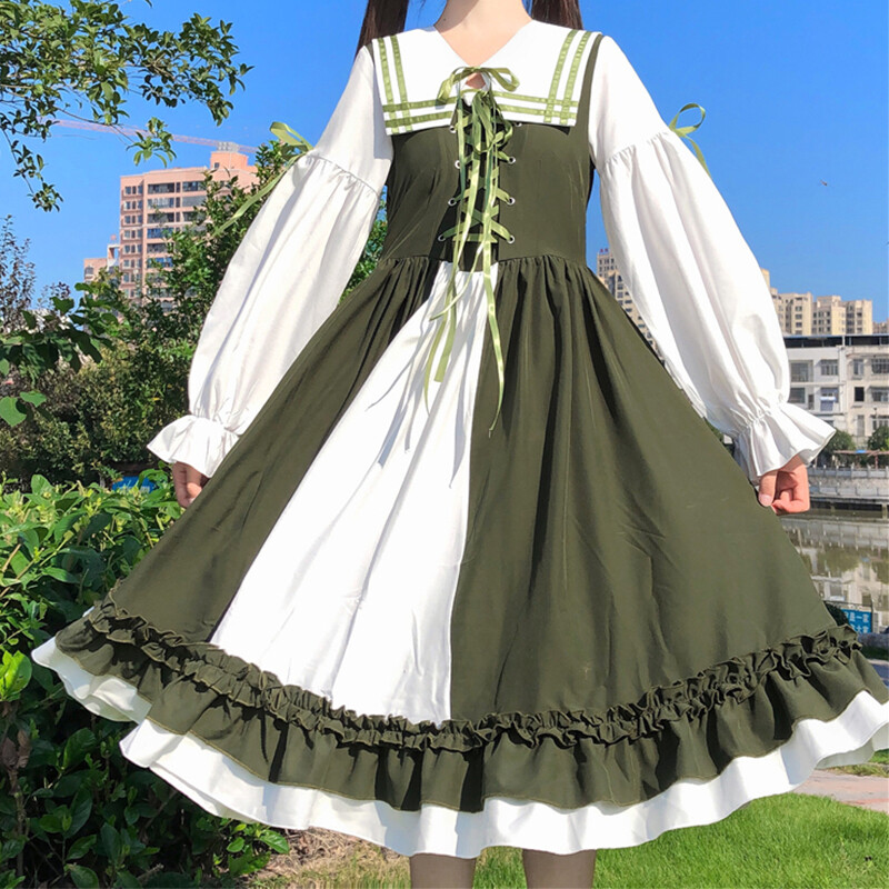 Women A Line Lolita Gown Green Dress Sailor Collar Sweet Kawaii Cute Clothes  New | eBay